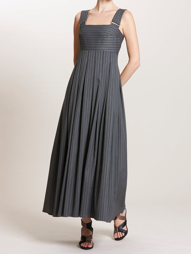 Striped Square Neck Pleated Maxi Dress With Metal Buckle