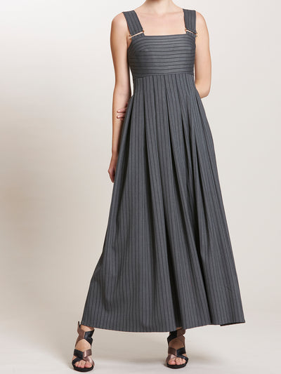 Striped Square Neck Pleated Maxi Dress With Metal Buckle
