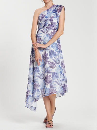 Floral Print Ruched Shoulder Long Dress
