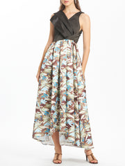 Floral Print Plunge Neck Pleated Dress With Bow
