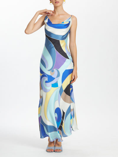 Geometric Print Camisole Cowl Neck Long Dress