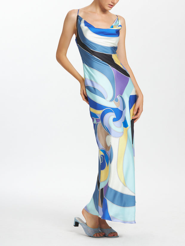 Geometric Print Camisole Cowl Neck Long Dress