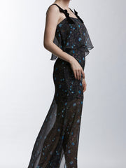 Floral Printed Long Dress in Crinkled Chiffon with Tie Sash