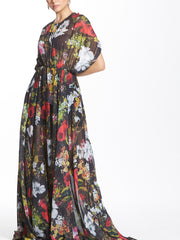 Floral Printed Long Dress in Metallic Striped Chiffon