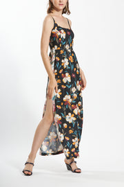 Floral Print Camisole Square Neck Long Dress with Side Slit