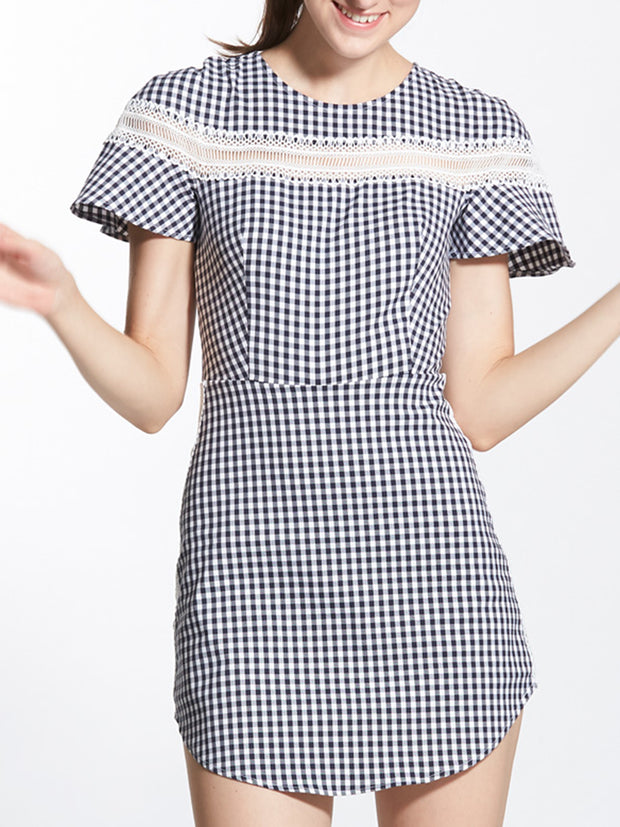 Lace Trimmings Insert Gingham Short Dress with Romper Lining