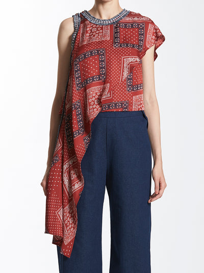 Printed Asymmetric Top with Fringed Trimmings